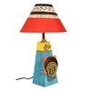 Turquoise Blue Lamp Embellished with Dhokra Brass Tiles & Red Shade