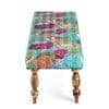 Cairo Solid Wood 2 Seater Bench In Floral Print Green Kantha Fabric