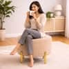 Doe Buck Premium Boucle Round Ottoman in Matte Beige Colour with Polished Gold Legs