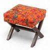 Rosslyn Solid Wood Pouf Stool in Bird Print Orange Ethnic Kantha fabric