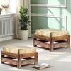 Amber Sheesham Wood Foot Stool in Teak Finish with Velvet Green Cushion