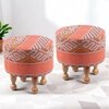 Louisville Acacia Wood Parisian Round Set of 2 Pouf Stools in Red Jacquard