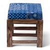 Houston Sheesham Wood Mid-Century Set of 2 Stools in Indigo Patchwork Kantha, Teak Finish