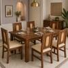 Globally Indian Sabine Solid Sheesham Wood 6 Seater Dining Table Set 6 Chairs Teal Blue