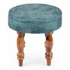 Roswell Sheesham Wood   Round Set of 2 Stools in Blue Jacquard Work Fabric Upholstery