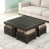 Palladio Sheesham Wood Coffee Table With 4 Stools Set In Mahogany Finish & Multi Colour Israel Print Kantha Fabric Cushions