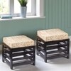 Houston Sheesham Wood Set of 2 Stools in Beige Sparkle Velvet, Extra Dark Mahogany Finish