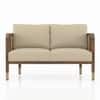 Taran 2 Seater Teak Wood Sofa in Almond Beige Fabric in Sienna Teak finish