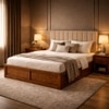 Zyra Solid Wood Queen  Size Upholstered Bed With Box Storage (Provincial Teak Finish, Beige Colour)