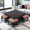 Blane Sheesham Wood Coffee Table With 4 Stools Set In Mahogany Finish & Multi Colour Israel Print Kantha Fabric Cushions