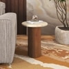 Enzo Travertine Marble and Solid Wood Side Table In Amber Walnut Finish