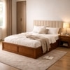 Zyra Solid Wood Queen  Size Upholstered Bed With Box Storage (Provincial Teak Finish, Beige Colour)
