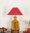 Paola Amber Glass And Wood Table Lamp With Maroon Cotton Shade