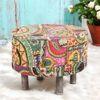Rosslyn Solid Wood Ottoman Pouffee in Multi Colour Israel Print Kantha fabric