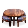 Nashville Sheesham Wood 4 Seater Coffee Table Set In Teak Finish Bird Print Grey Kantha Cushion