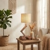 Flex Brown Wooden Table Lamp with Yellow Printed Fabric Lampshade