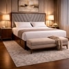 Vedanch Solid Wood Queen Size Upholstered Bed With Hydraulic Storage (Provincial Teak Finish, Grey Colour)