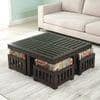 Palladio Sheesham Wood Coffee Table With 4 Stools Set In Mahogany Finish & Multi Colour Israel Print Kantha Fabric Cushions
