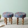 Roswell Sheesham Wood Mid Century Round Set of 2 Stools in Grey Brid Print Kantha Upholstery