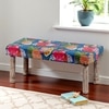 Camilla Solid Wood 2 Seater Bench In Fruit Print Blue Ethnic Kantha Fabric