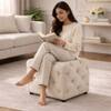 Doe Buck Colchester Velvet Tufted Ottoman Cube in Beige Colour with Wooden Base