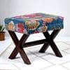 Rosslyn Solid Wood Pouf Stool in Fruit Print Blue Ethnic Kantha fabric
