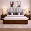 Mooh Solid Wood Queen Size Upholstered Bed With Hydraulic Storage (Provincial Teak Finish, Grey Colour)