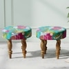 Roswell Sheesham Wood Mid Century Round Set of 2 Stools in Sea Green Fruit Print Kantha Upholstery