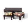 Irish Sheesham Wood Coffee Table With 2 Stools Set In Mahogany Finish & Multi Colour Israel Print Kantha Fabric Cushions