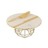 NikkisPride Marble Cake Stand with Gold Finish Metal Base, Plain White Marble Top with Cake Cutlery Set of 3