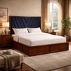 Vedanch Solid Wood Queen Size Upholstered Bed With Hydraulic Storage (Provincial Teak Finish, Royal Blue Colour)