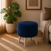 Doe Buck Parker Velvet Round Ottoman Stool in Blue Colour with Wooden Legs