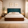 Vedanch Solid Wood Queen Size Upholstered Bed With Box Storage (Provincial Teak Finish, Teal Colour)