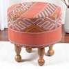 Louisville Acacia Wood Parisian Round Pouf Stool in Red Jacquard