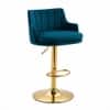 Doe Buck Oliver Adjustable Velvet Bar Stool in Teal Blue Colour with Gold Base