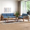 Raynor 2 Seater Wooden Sofa, Finish- Amber Walnut, Fabric - Midnight Indigo Blue