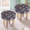 Roswell Sheesham Wood Parisian Round Set of 2 Stools in Blue Jacquard Work Fabric Upholstery