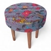 Nayla Solid Wood Stool in Bird Print Grey Kantha Fabric