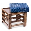 Houston Sheesham Wood Mid-Century Set of 2 Stools in Indigo Patchwork Kantha, Teak Finish