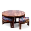 Nashville Sheesham Wood 4 Seater Coffee Table Set In Teak Finish Bird Print Grey Kantha Cushion