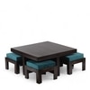 Blane Sheesham Wood Coffee Table With 4 Stools Set In Mahogany Finish & Turquoise Sea Velvet Fabric Cushions