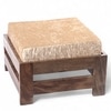 Amber Sheesham Wood Foot Stool in Teak Finish with Velvet Cream Cushion