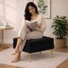 Doe Buck Ribbed Velvet Ottoman Stool in Black Colour with Gold Metal Legs