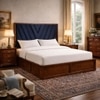 Vedanch Solid Wood Queen Size Upholstered Bed With Hydraulic Storage (Provincial Teak Finish, Royal Blue Colour)