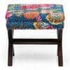 Rosslyn Solid Wood Pouf Stool in Fruit Print Blue Ethnic Kantha fabric