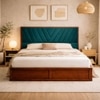 Vedanch Solid Wood Queen Size Upholstered Bed With Box Storage (Provincial Teak Finish, Teal Colour)