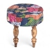 Roswell Sheesham Wood Mid Century Round Set of 2 Stools in Fruit Print Blue Kantha Upholstery