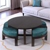 Nashville Sheesham Wood Coffee Table With 4 Stools Set In Mahogany Finish & Turquoise Sea Velvet Fabric Cushions
