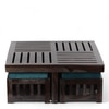 Palladio Sheesham Wood Coffee Table With 4 Stools Set In Mahogany Finish & Turquoise Sea Velvet Fabric Cushions