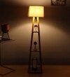Stool Teak Polish Floor Lamp in Beige Shade